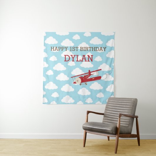 ヴィンテージ飛行機の背景/少年の誕生日バナー タペストリー (インサイチュ)