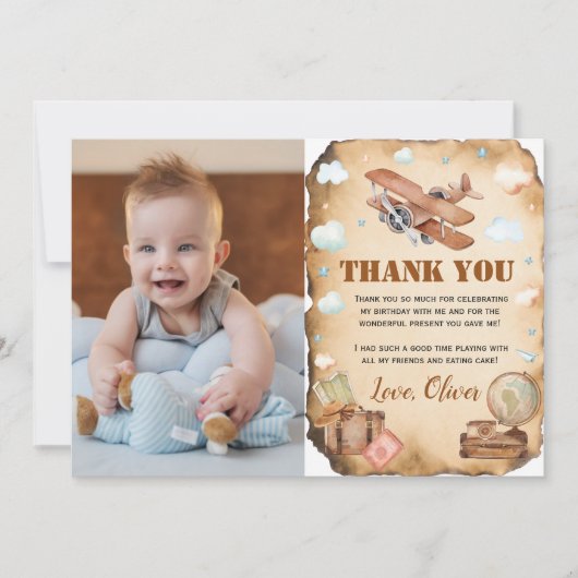 ヴィンテージ飛行機の誕生日写真感謝カード サンキューカード (正面)