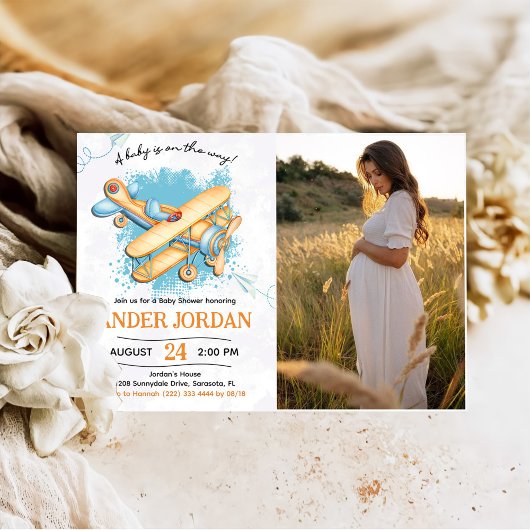 ヴィンテージ飛行機の赤ちゃんシャワーパーティー写真 招待状