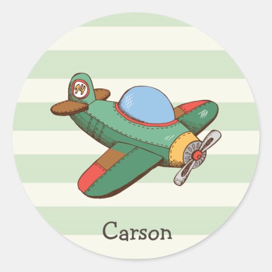 ヴィンテージ飛行機オンパステルグリーンストライプズ ラウンドシール (正面)