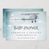 *~*ヴィンテージ飛行機クラウドバナー男の赤ちゃんシャワー 招待状 (正面/裏面)