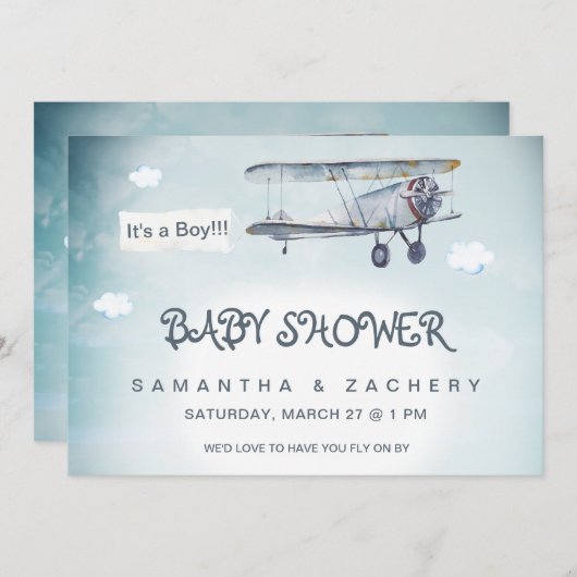 *~*ヴィンテージ飛行機クラウドバナー男の赤ちゃんシャワー 招待状 (正面/裏面)