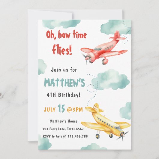 ヴィンテージ飛行機タイムフライトラベルボーイ誕生日 招待状 (正面)