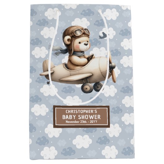 ヴィンテージ飛行機テディベア赤ちゃんシャワー抱き枕 ミディアムペーパーバッグ (正面)