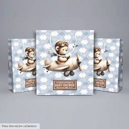 ヴィンテージ飛行機テディベア赤ちゃんシャワー抱き枕 ミディアムペーパーバッグ