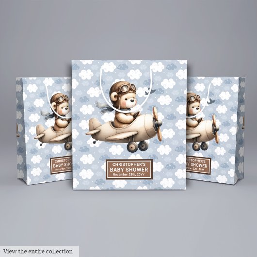 ヴィンテージ飛行機テディベア赤ちゃんシャワー抱き枕 ミディアムペーパーバッグ