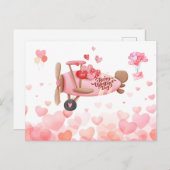 ヴィンテージ飛行機バレンタインデーのハート、バルーン ポストカード (正面/裏面)