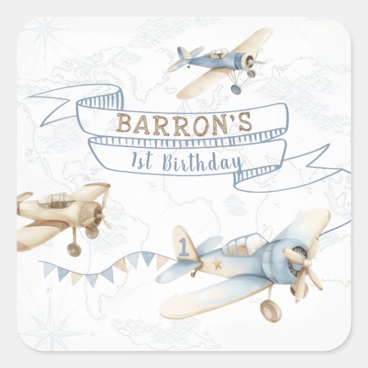 ヴィンテージ飛行機パイロット1歳誕生日 スクエアシール (正面)