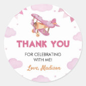 ヴィンテージ飛行機ピンクガール誕生日シールのラベル ラウンドシール (正面)