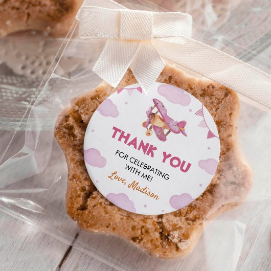 ヴィンテージ飛行機ピンクガール誕生日シールのラベル ラウンドシール