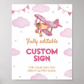 ヴィンテージ飛行機ピンクガール誕生日テーブル記号 ポスター (正面)