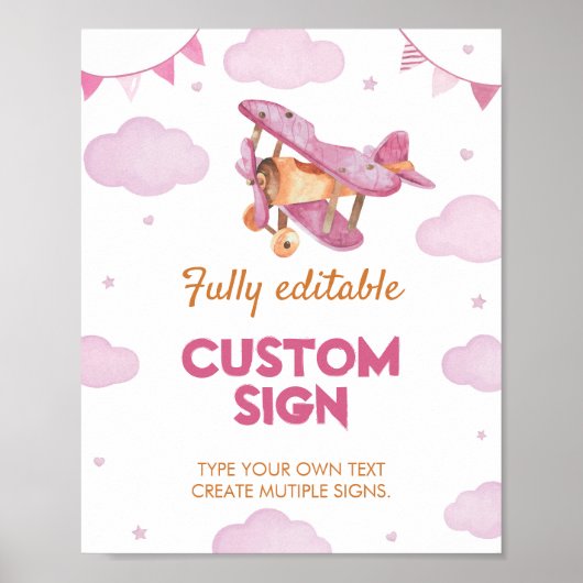 ヴィンテージ飛行機ピンクガール誕生日テーブル記号 ポスター (正面)
