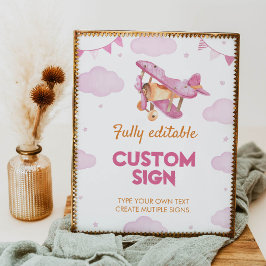 ヴィンテージ飛行機ピンクガール誕生日テーブル記号 ポスター