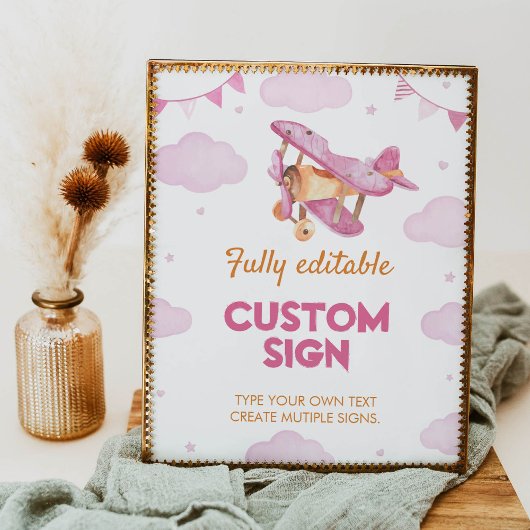 ヴィンテージ飛行機ピンクガール誕生日テーブル記号 ポスター