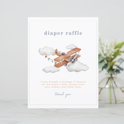 ヴィンテージ飛行機ベビーシャワーおむつラッフルサイン (スタンド正面)
