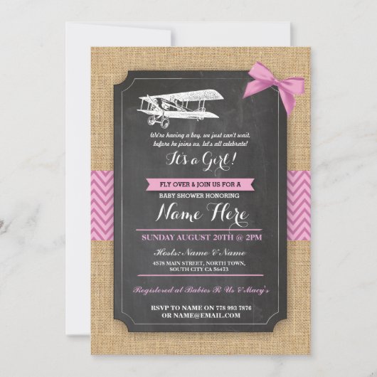 ヴィンテージ飛行機ベビーシャワーパーティーガールウッド招待状 招待状 (正面)