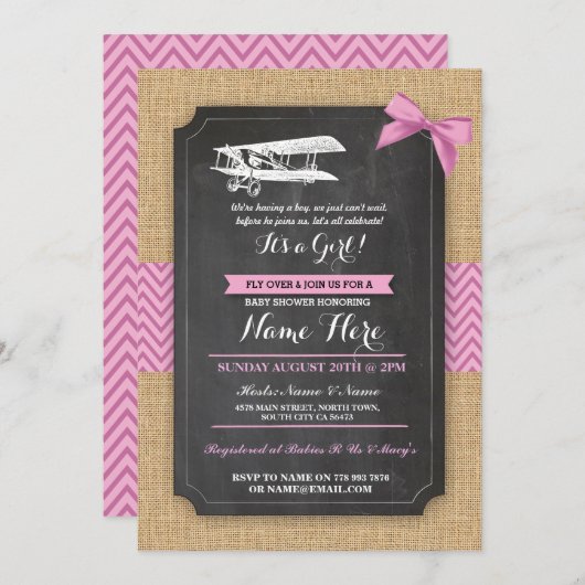 ヴィンテージ飛行機ベビーシャワーパーティーガールウッド招待状 招待状 (正面/裏面)