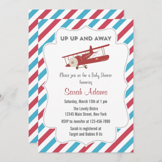 ヴィンテージ飛行機ベビーシャワー招待状赤と青 招待状 (正面/裏面)