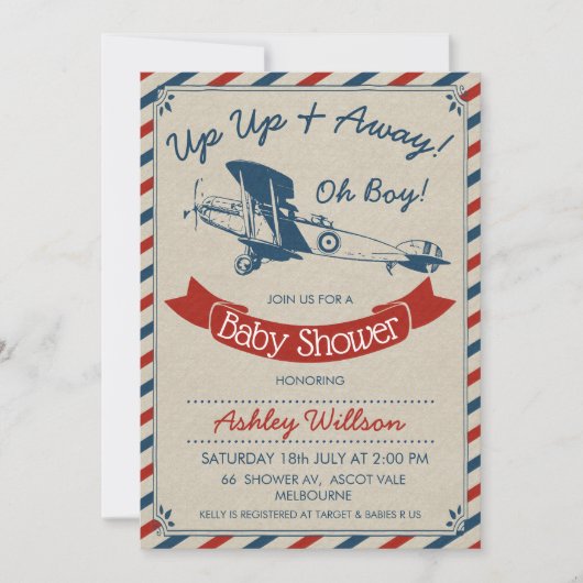 ヴィンテージ飛行機ベビーシャワー招待状 招待状 (正面)