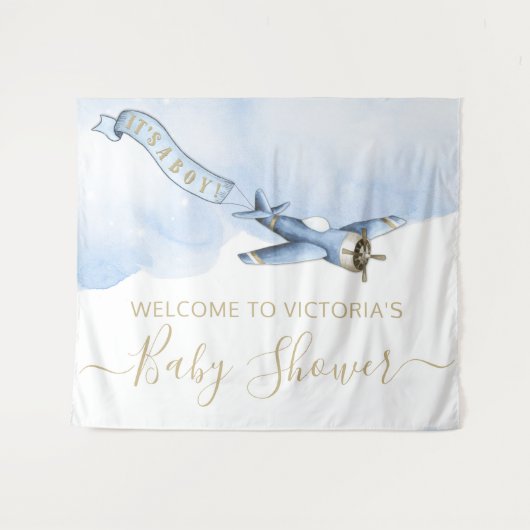 ヴィンテージ飛行機ベビーシャワー背景 タペストリー (正面(横))