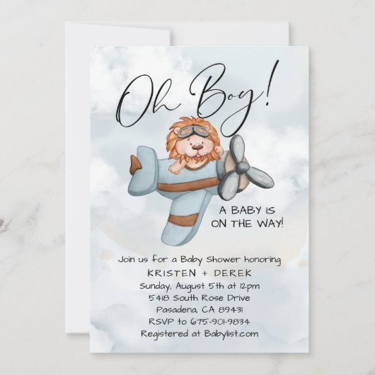 ヴィンテージ飛行機ライオンのベビーシャワー 招待状 (正面)