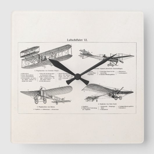 ヴィンテージ飛行機レトロ旧二面アンティーク飛行機 スクエア壁時計 (正面)