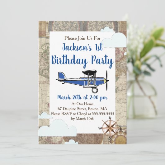 ヴィンテージ飛行機世界旅行誕生日 招待状 (スタンド正面)