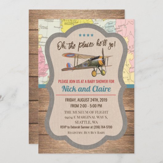 ヴィンテージ飛行機地図ボーイベビーシャワー招待状 招待状 (正面/裏面)