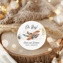 ヴィンテージ飛行機少年旅行赤ちゃんシャワーの好意 ラウンドシール