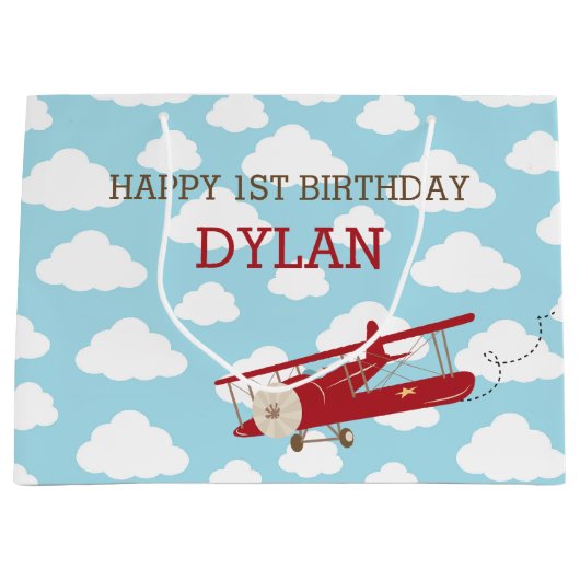 ヴィンテージ飛行機抱き枕 – 赤飛行機雲 ラージペーパーバッグ (正面)