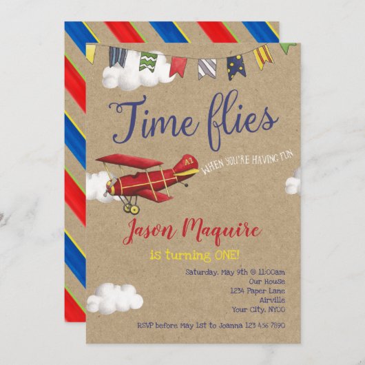 ヴィンテージ飛行機招待状、男の子のための最初の誕生日 招待状 (正面/裏面)