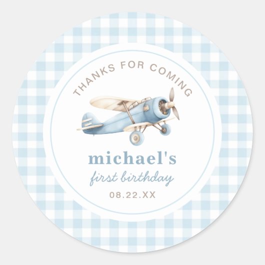 ヴィンテージ飛行機旅行1歳の誕生日 ラウンドシール (正面)