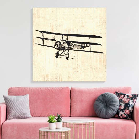 ヴィンテージ飛行機旧アンティーク飛行機イラストレーション キャンバスプリント (インサイチュ (リビング))