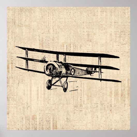 ヴィンテージ飛行機旧アンティーク飛行機イラストレーション ポスター (正面)