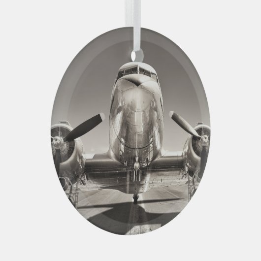 ヴィンテージ飛行機滑走路場面 ガラスオーナメント (正面右)