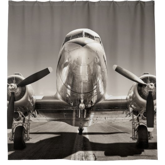 ヴィンテージ飛行機滑走路場面 シャワーカーテン (正面)