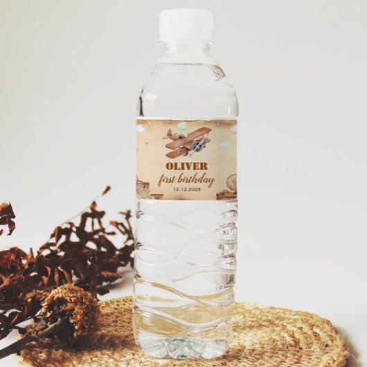 ヴィンテージ飛行機誕生日ウォーターボトルラベル ペットボトルラベル