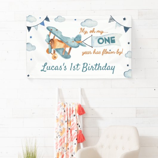 ヴィンテージ飛行機誕生日バナータイムフライ 横断幕 (インサイチュ)