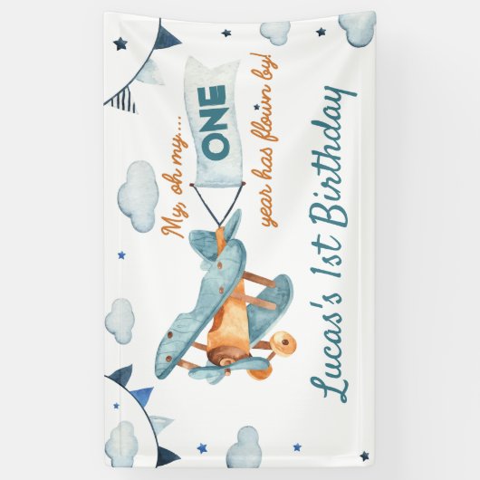 ヴィンテージ飛行機誕生日バナータイムフライ 横断幕 (縦)