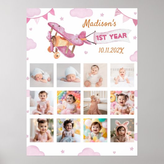 ヴィンテージ飛行機誕生日フォトマイルストーンポスター ポスター (正面)