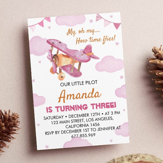 ヴィンテージ飛行機誕生日招待状タイムフライ 招待状