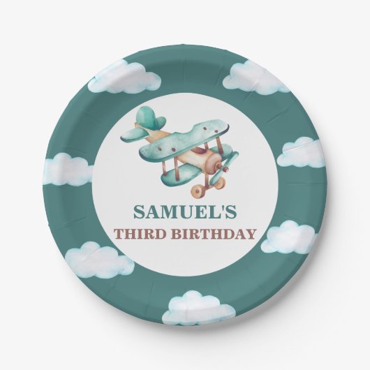 ヴィンテージ飛行機誕生日招待状タイムフライPap ペーパープレート (正面)