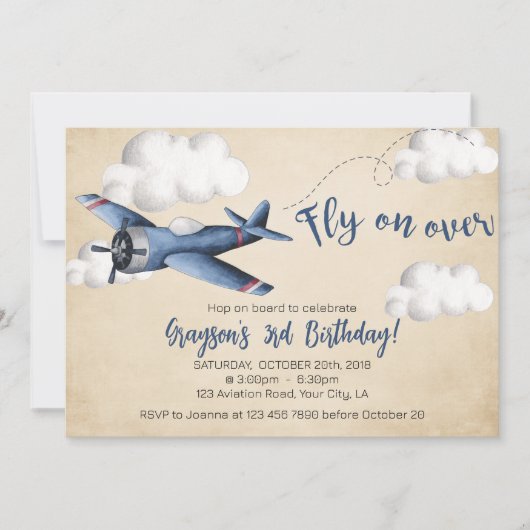 ヴィンテージ飛行機誕生日招待状ボーイ招待状 案内状 (正面)