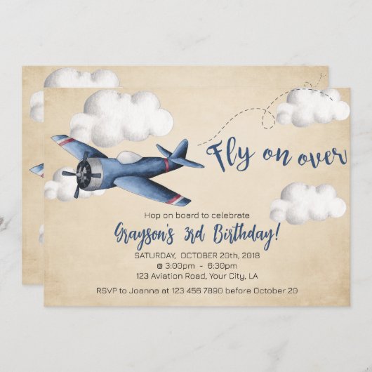 ヴィンテージ飛行機誕生日招待状ボーイ招待状 案内状 (正面/裏面)