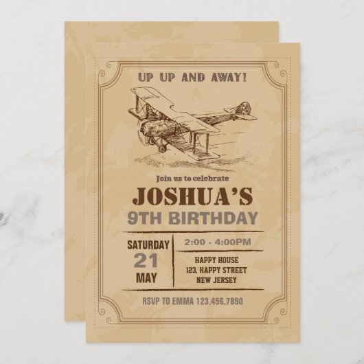 ヴィンテージ飛行機誕生日招待状 招待状 (正面/裏面)
