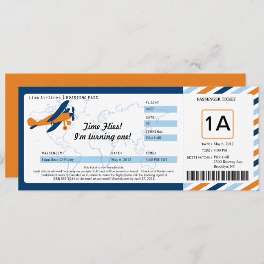 ヴィンテージ飛行機誕生日搭乗パスチケット 招待状 (正面/裏面)