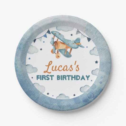 ヴィンテージ飛行機誕生日紙プレート ペーパープレート (正面)