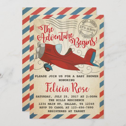 ヴィンテージ飛行機赤ちゃんシャワー招待状招待状 招待状 (正面/裏面)