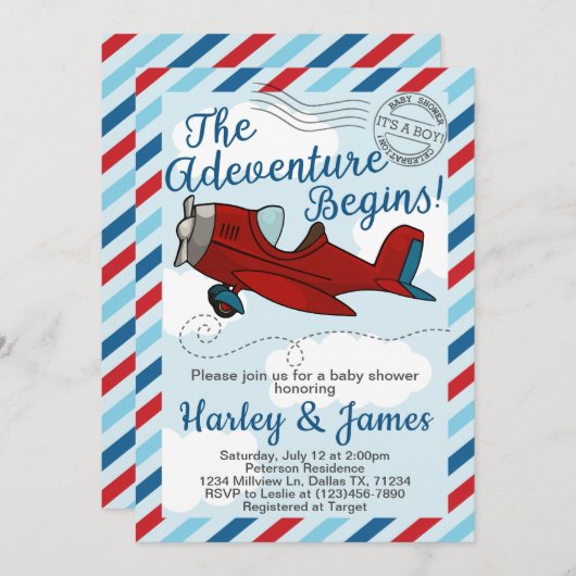 ヴィンテージ飛行機赤ちゃんシャワー招待状招待状 招待状 (正面/裏面)