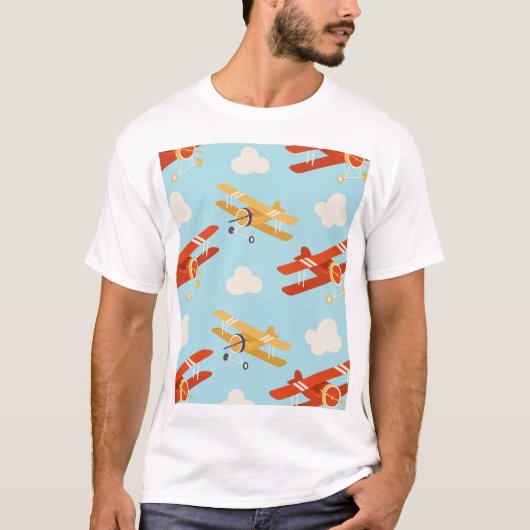 ヴィンテージ飛行機雲の背景パターン Tシャツ (正面)